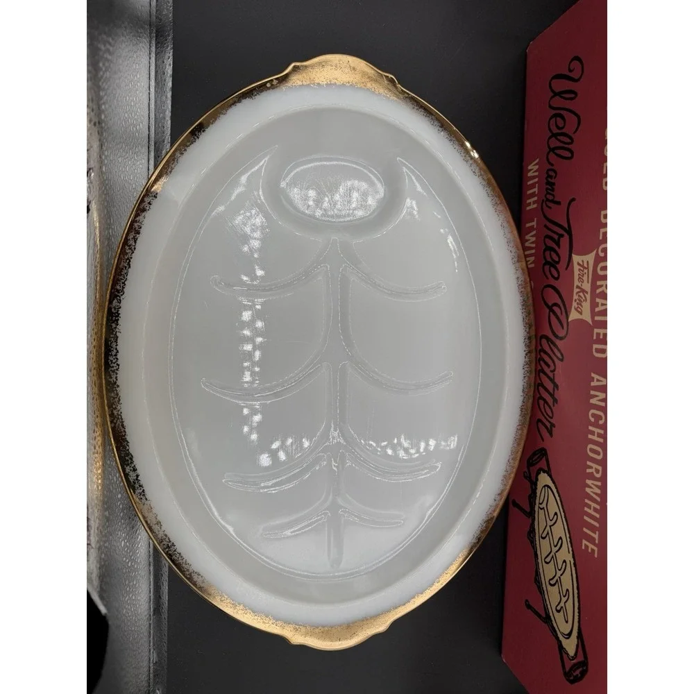 🔥Fire‑King 22K Gold Decorated Anchorwhite Well & Tree Platter / Warmer – Vtg